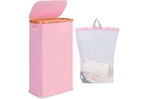 iEGrow 65L Slim Laundry Hamper, Narrow Laundry Basket with Lid,Foldable Clothes Hamper with Bamboo Handles,Hamper Basket with Removable Inner Bag for Laundry Room Bedroom College Dorm,17.17 Gals Pink