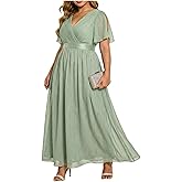 Talisea Plus Size Formal Dress - Chiffon V Neck Bridesmaid Wedding Guest Party Short Sleeve A-Line Floor Length Dresses