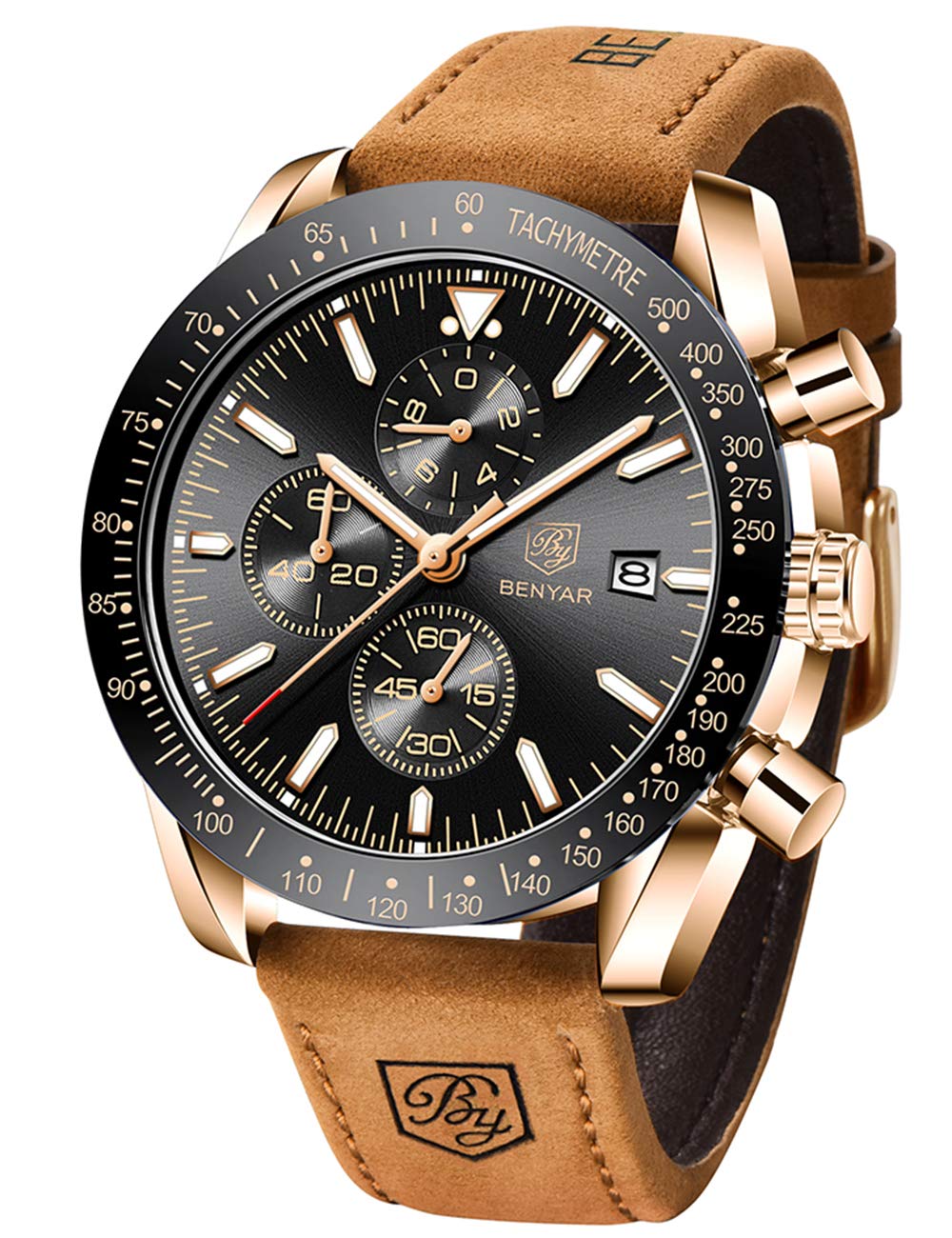 BENYAR Men's Watches Quartz Sports Chronograph Fashion Business Luxury Brand Waterproof Watch Analog Date Men's Brown Leather Watch for Men(Brown Gold Black)