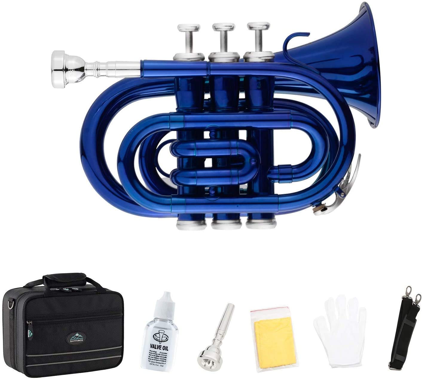 EastRock Pocket Trumpet Brass Bb Trumpet with 7 C Mouthpiece, Hard Case, Strap, White Gloves, Cleaning Kit for Students and Beginners(Blue)