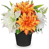 GnFlus Orange Artificial Flowers Small Fake Flowers in Vase Peonies Dahlia Tiger Lily Potted Silk Flower Arrangements Faux Plants & Flowers Home Bathroom Kitchen Table Centerpieces Desk Decor