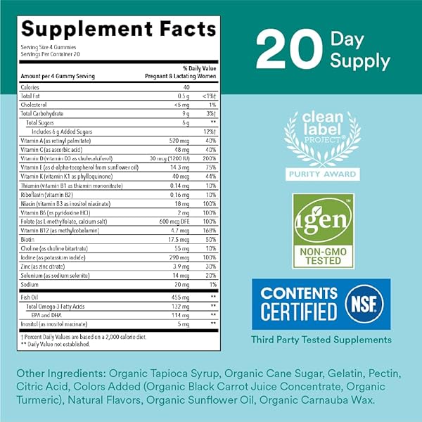 SMARTYPANTS PRENATAL VITAMINS FOR WOMEN, MULTIVITAMIN GUMMIES: OMEGA 3 FISH OIL (EPA/DHA), BIOTIN, METHYLFOLATE, VITAMIN D3, C, VITAMIN B12, B6, A, K & ZINC, INOSITOL, 80 COUNT (20 DAY SUPPLY)