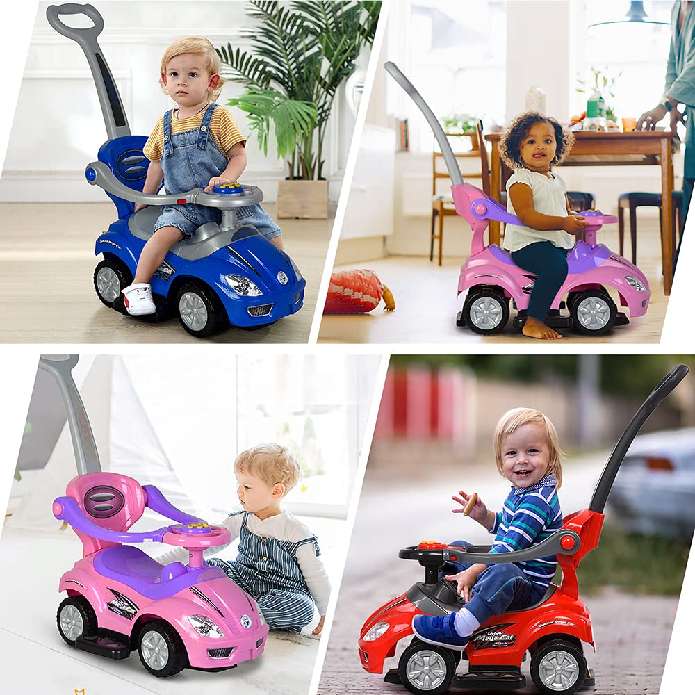 ChromeWheels Push Cars for Toddlers, 3 in 1 Ride on Push Car with Guardrail, Ride on Toys Mega Car w/Push Handle & Horn & Music & Under Seat Storage, Pink