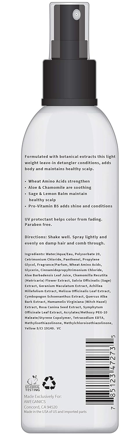 Aweganics Leave-in Conditioner Detangler Spray - AWE Inspiring Pro-Vitamin B5 Conditioning Hair Detangling Spray for Women, Men, Kids -SLS-Free, Paraben-Free, Cruelty-Free, COLOR SAFE, UV Protectant : Beauty