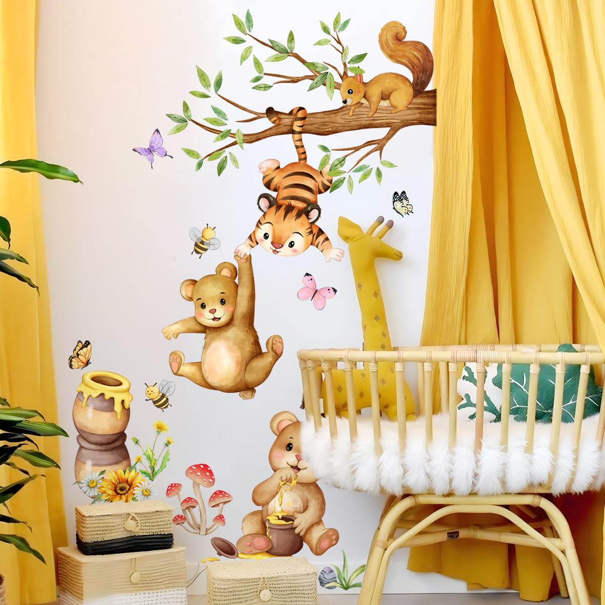 Bear & Tiger Wall Stickers for Nursery, Watercolor Forest Animal Wall Decals with Squirrel, Bees & Honey, Peel and Stick Wall Art for Kids Bedroom, Vinyl Stickers in Gift Box