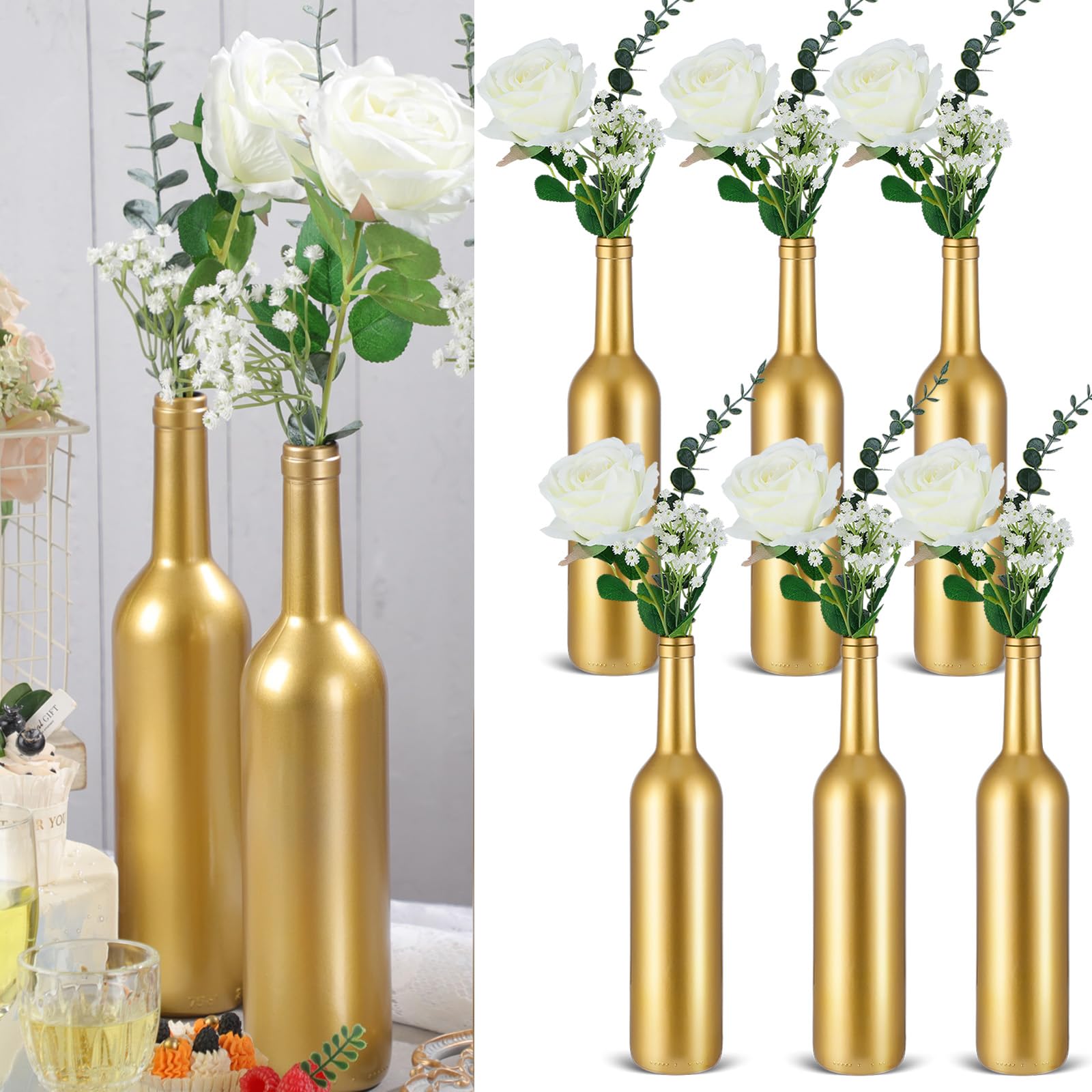 Photo 1 of Wavwavw 5 Set Gold Vase Flower Centerpieces for Wedding Table Glass Wine Bottle Flower Vase Candle Holder with Artificial Rose Eucalyptus Baby's Breath for Wedding Reception Table Decor(White)