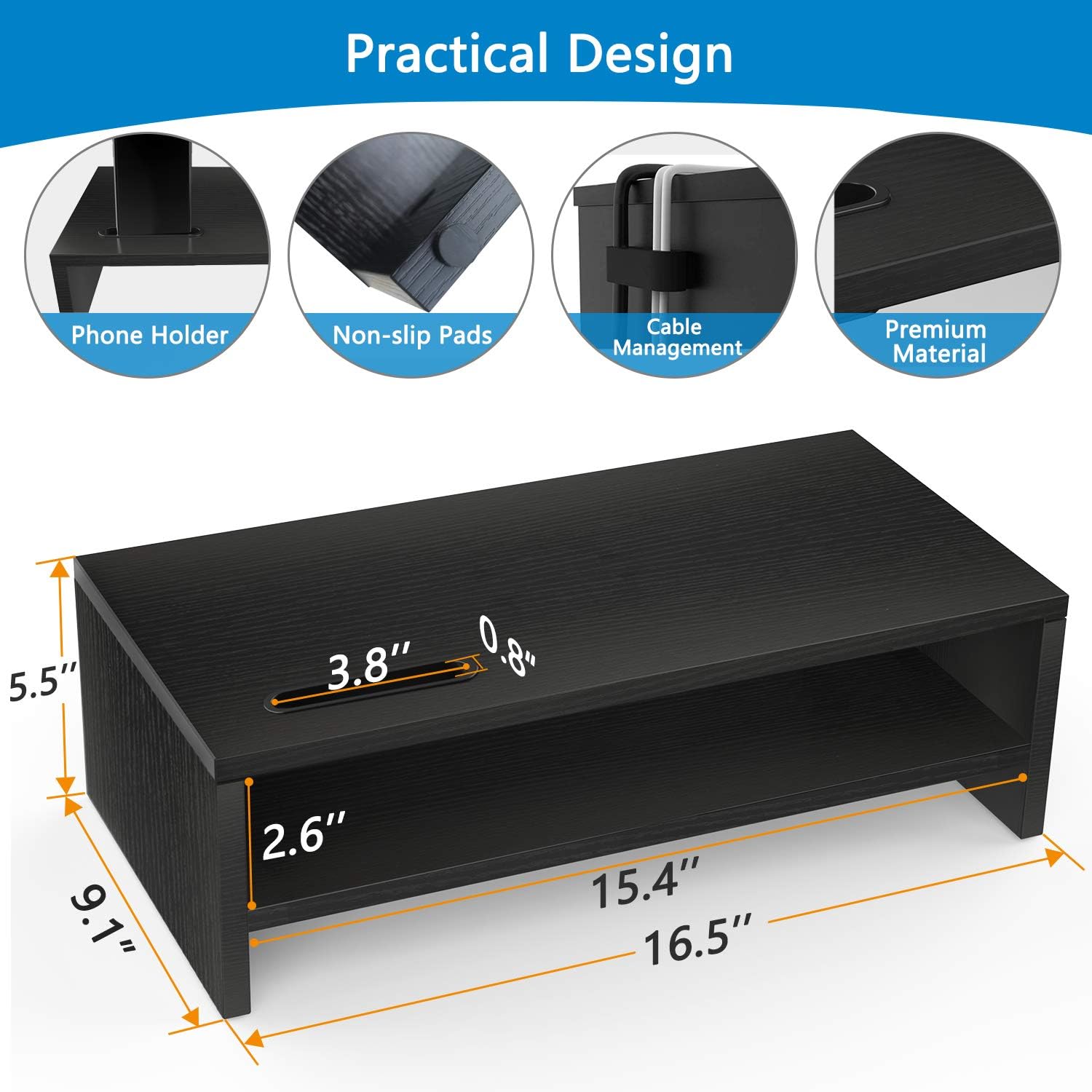 AMERIERGO Monitor Stand Riser - 16.5 Inch 2 Tier Desk Organizer Stand for Laptop Computer, Desktop Printer Stand with Phone Holder and Cable Management, Versatile as Storage Shelf & Screen Holder : Office Products