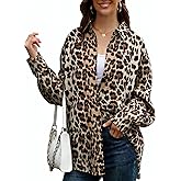 Dressmine Women's Leopard Print Top Long Sleeve Button Down Shirts Oversized Collared Business Blouse Floral Shirt