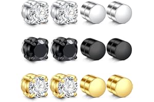 D.BELLA Men's Magnetic Stud Earrings - Non Piercing Fake Clip On Earring Stainless Steel Hypoallergenic Magnet Ear Rings for Men, Fashion Diamond Design, Silver/Black Styles