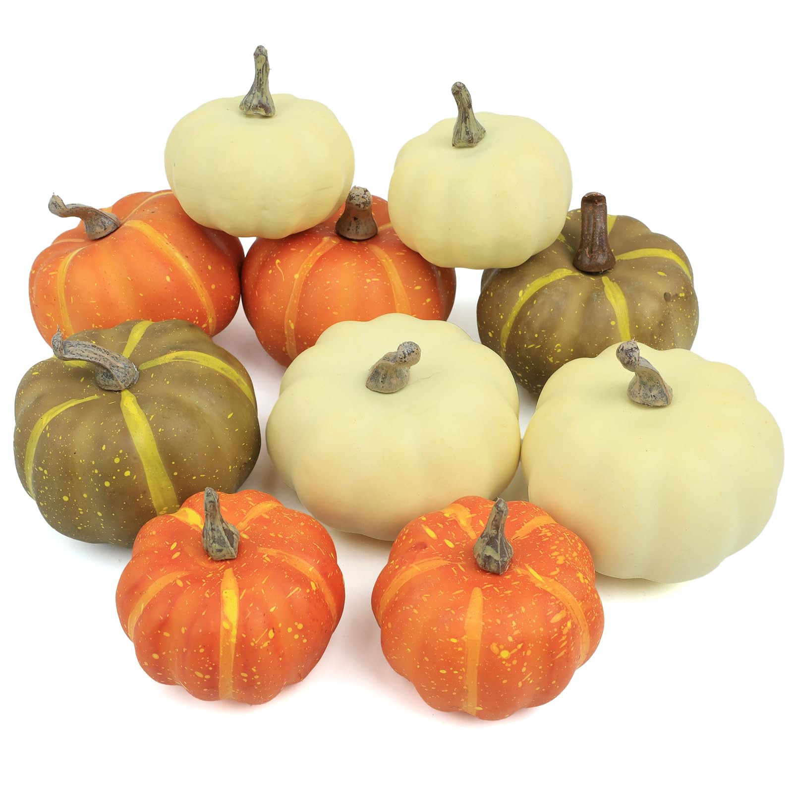 Photo 1 of 10Pcs Fake Pumpkins Fall Thanksgiving Decorations,Assorted Colors Plastic Pumpkins Home Decor, Artificial Mini Pumpkin for Decorating Autumn Harvest Outdoor Indoor Decor Centerpiece Table Decorations