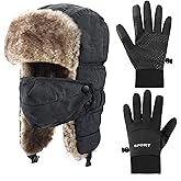 2 Pcs Winter Hat and Golves Set Include Knit Plush Lined Trapper Hat and Windproof Waterproof Ski Touching Gloves