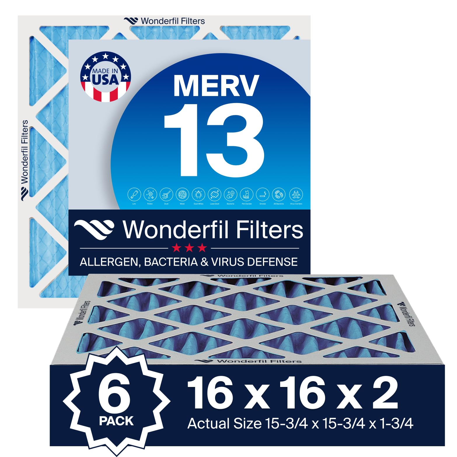 Photo 1 of 16x16x2 MERV 13 (6 Pack) | Wonderfil Filters | Pleated HVAC Design | Perfect Fit for AC & Furnace Systems | Actual Size: 15.75" x 15.75" x 1.75"