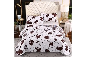 GEILIOO White and Brown Cow Print Bedding Quilt Set Reversible Plaid Grid Inner Fill Bedding Sets Reversible Design with Quilt and Pillowcases for Kids Boys Girls(Twin, Brown)