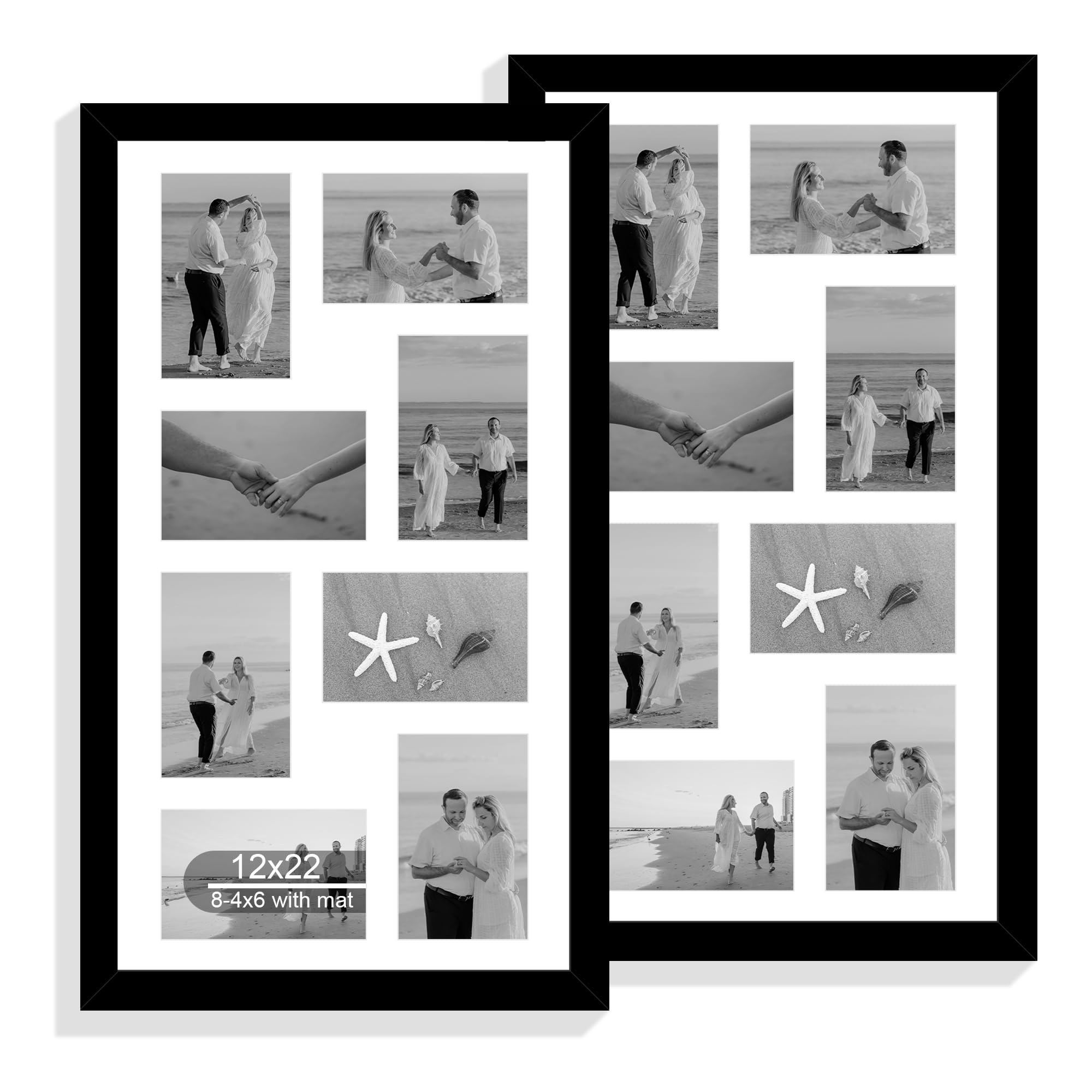 Hongkee 12x22 Picture Frame Set of 2, Black with Glass Collage Frame, Display Eight Opening 4x6 Photos With Mat or 12 x 22 Newspaper Without Mat - Horizontal or Vertical Wall Mounting Image