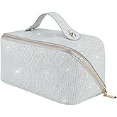 KEYPOWER Large Capacity Glitter Sequin Cosmetic Bag Travel Makeup Bag Sparkly and Shiny Portable Toiletry Bag with Handle for Women (Silver)