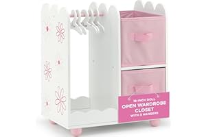Emily Rose 18 Inch Doll Wardrobe Closet Organizer - Open Storage Armoire with Hangers & Bins - Wooden Furniture for American Girl Dolls - Floral Design