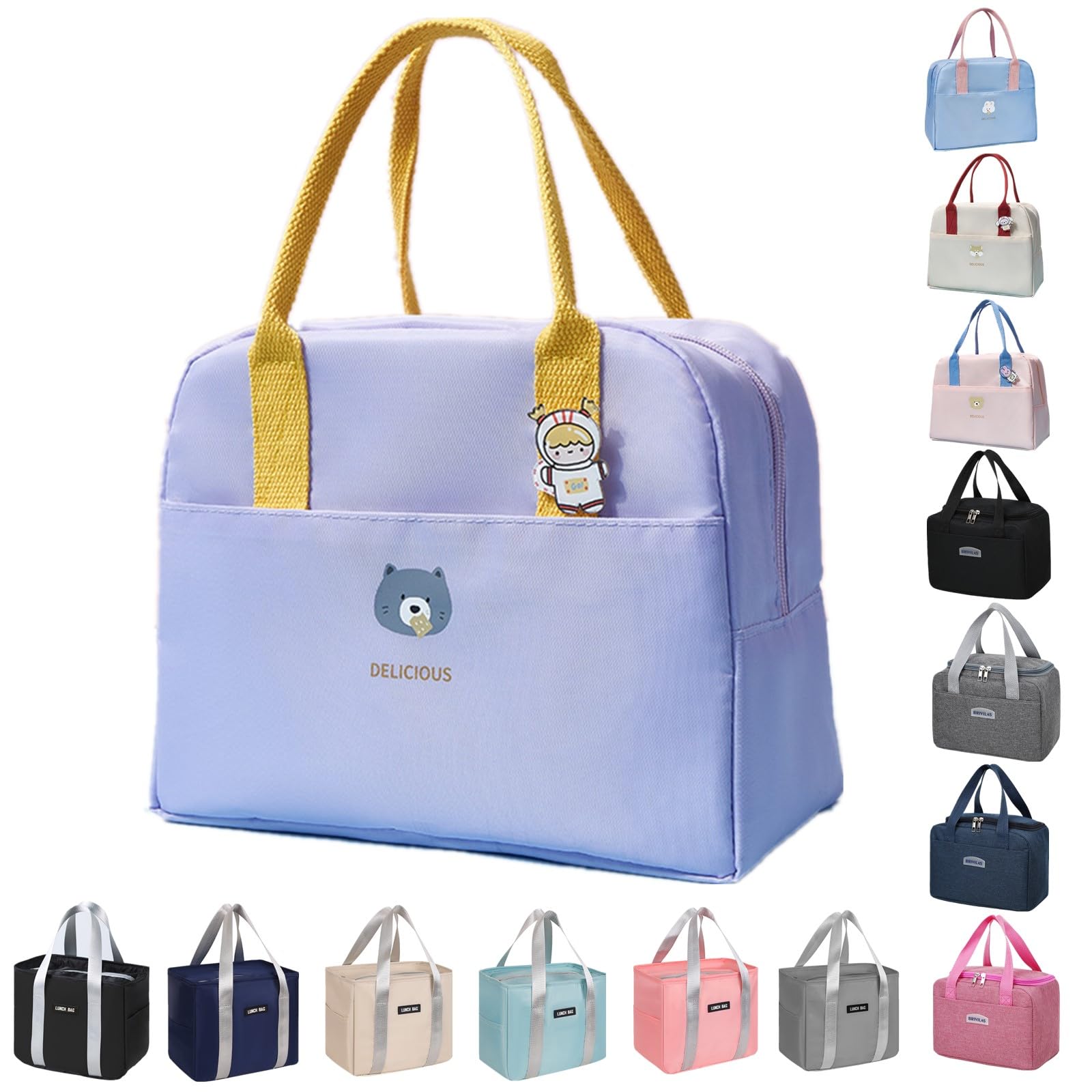 WUWYOUWL Lunch Bag, Cute Carton Insulated Lunch Box, Reusable Lunch Cooler Bags Waterproof Lunchbag Foldable Lunch Bag for Women, Men, Kids and Students Travel Picnic School (Purple)