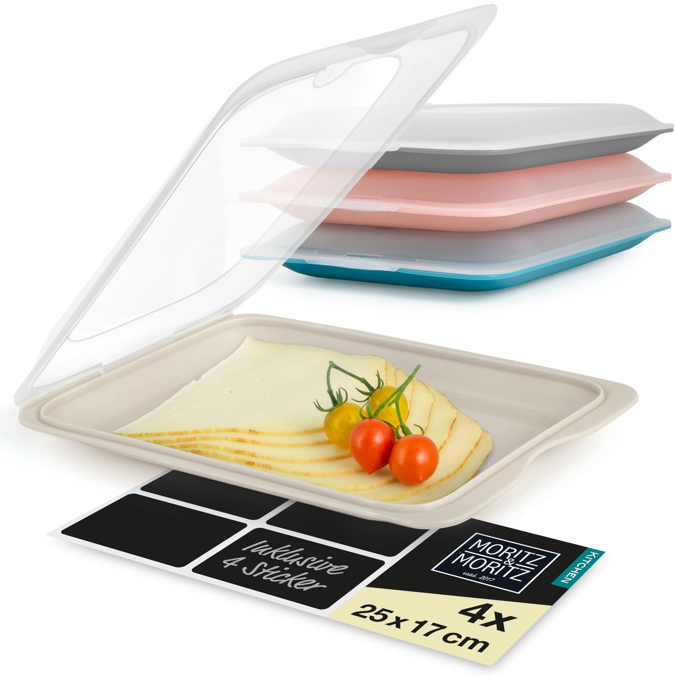 Moritz & Moritz 4x Cold Meat Containers for Fridge - Stackable - Colourful - Airtight Cold Cuts Storage Containers with Lids for Storing Cold Meats, Cheese etc. - with Stickers for Labelling