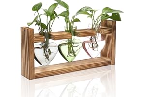 MTSIGNS Plant Terrarium Propagation Stations Hydroponics Home Garden Decoration Gift for Women with Wooden Stand Heart Shaped Colored Glass Vase