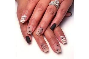 BDKAIWU Halloween Press on Nails Medium Square Fake Nails Matte Glue on nails Nude False Nails with Cute Mummy Spiders Webs Design Halloween Nails Black Full Cover Stick on Nails for Women Girls 24 Pcs