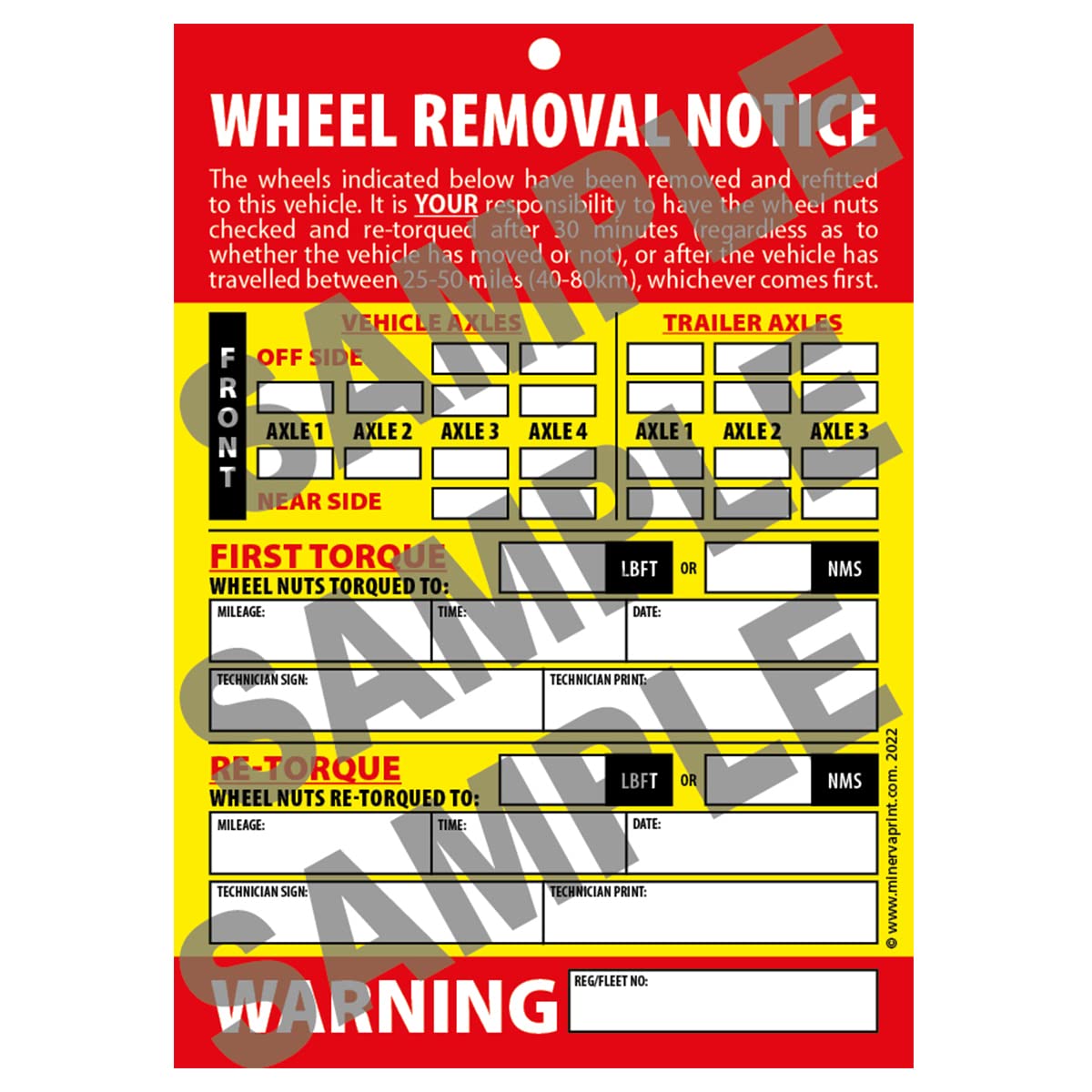 Wheel Change Notice Tag Card Re-Torque Warning - 50 Cards (with Bands)