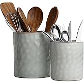 famiware Ocean Utensil Holder, 7.2"+5.8" Ceramic Kitchen Utensil Holder for Countertop, 2 Pieces Cooking Utensil Crocks, Utensil Organizer for Spatula & Spoon, Kitchen Decor, Set of 2, Gray