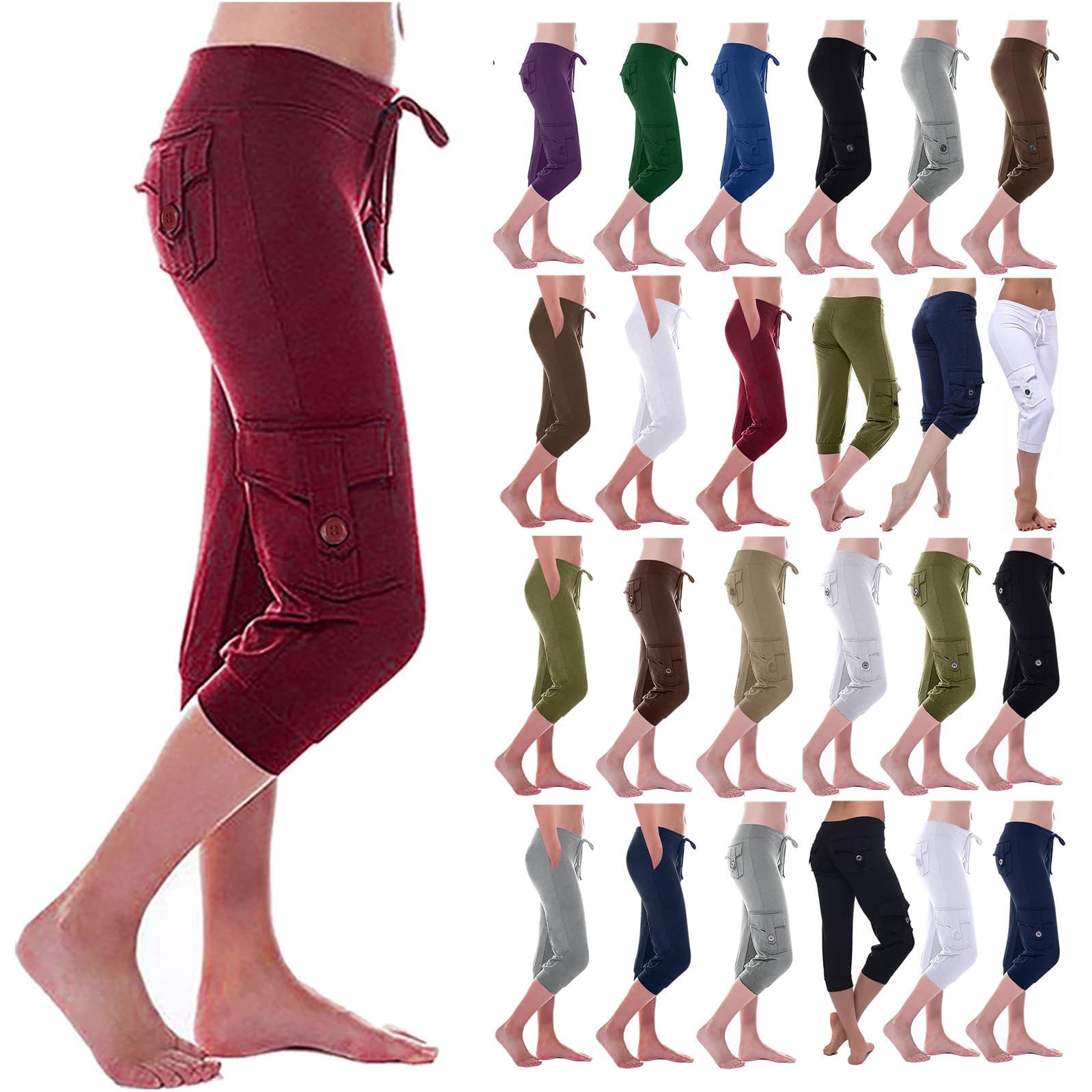 Capri Pants for Women Summer Lightweight Outdoor Hiking Stretchy Capris Drawstring Yoga Cargo Cropped Pant Plus Size Sweatpants 2024 Casual Trendy Multi Pocket Travel Trousers Shortspantalon Cargo