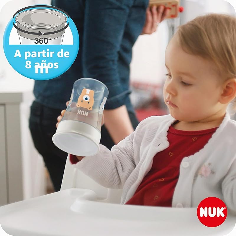 Learn to Drink Set con biberón Trainer Cup (6M+), Taza para sorber Magic Cup 360° (8M+) y taza para niños Action Cup (12M+), 230 ml, sin BPA, Gris y blanco