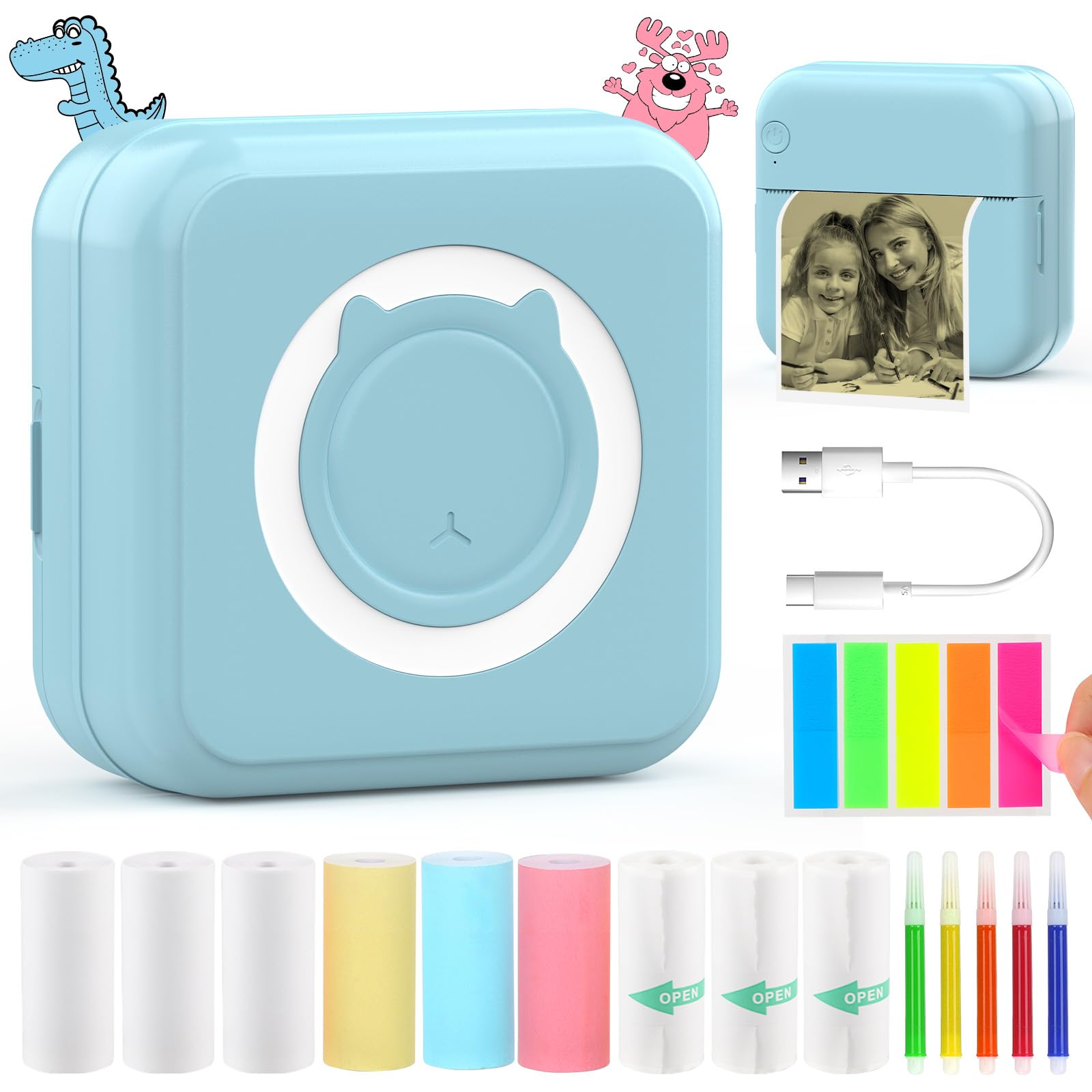 HuiJuKeJi Inkless Sticker Printer for iOS&Android Mini Thermal Printer with 10 Rolls Thermal Paper,Color Pen, Bluetooth Pocket Printer Smart Portable Receipt Printer for Photo Journal Notes Memo-Blue