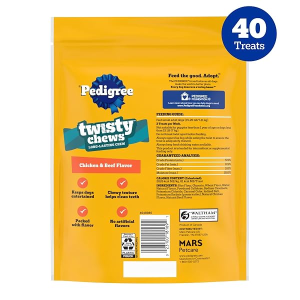 PEDIGREE TWISTY CHEWS SMALL LONG-LASTING DOG TREATS CHICKEN & BEEF FLAVOR, 9.17 OZ. POUCH, PACK OF 4 (40 COUNT)