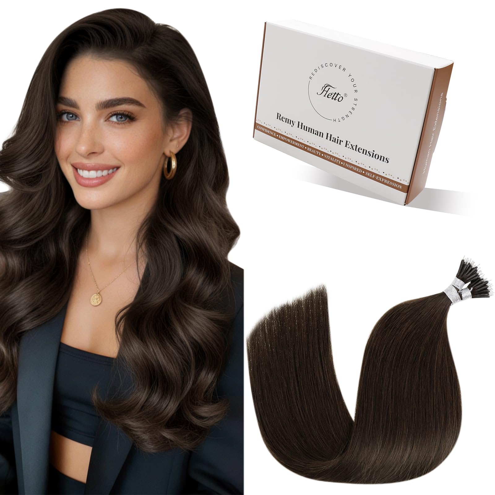 Hetto Nano Hair Extensions Real Human Hair Brown 20 Inch - Invisible Nano Beads Hair Extension, Pre Bonded Cold Fusion Nano Ring Extensions for Women Daily Volume Natural 50 strands 50 g #4