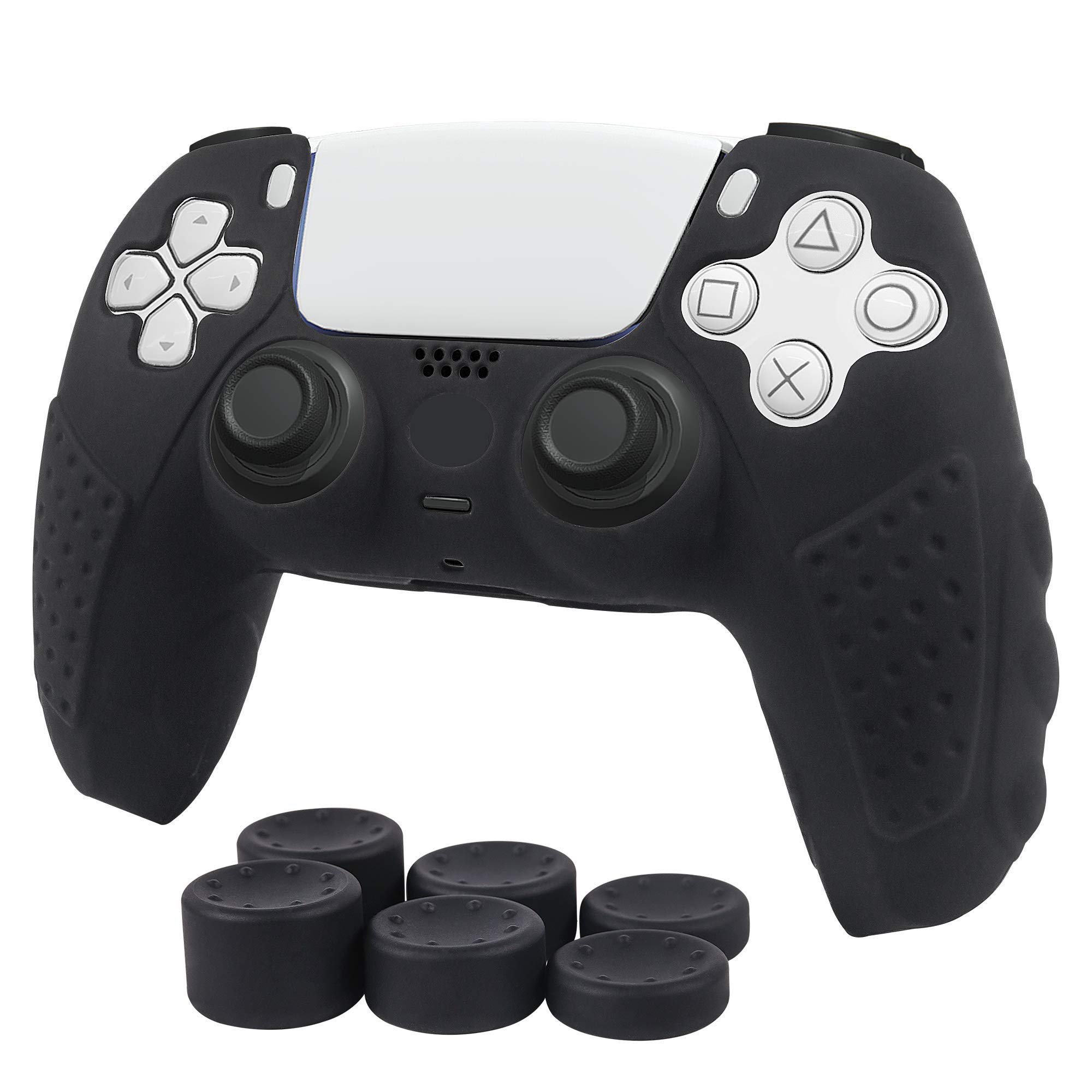 PS5 Controller Grip,Anti Slip Silicone Grip Skin Case Protector for Dual Sence Controller of Sony Play Station 5,with 6 Thumb Grips Caps-Black