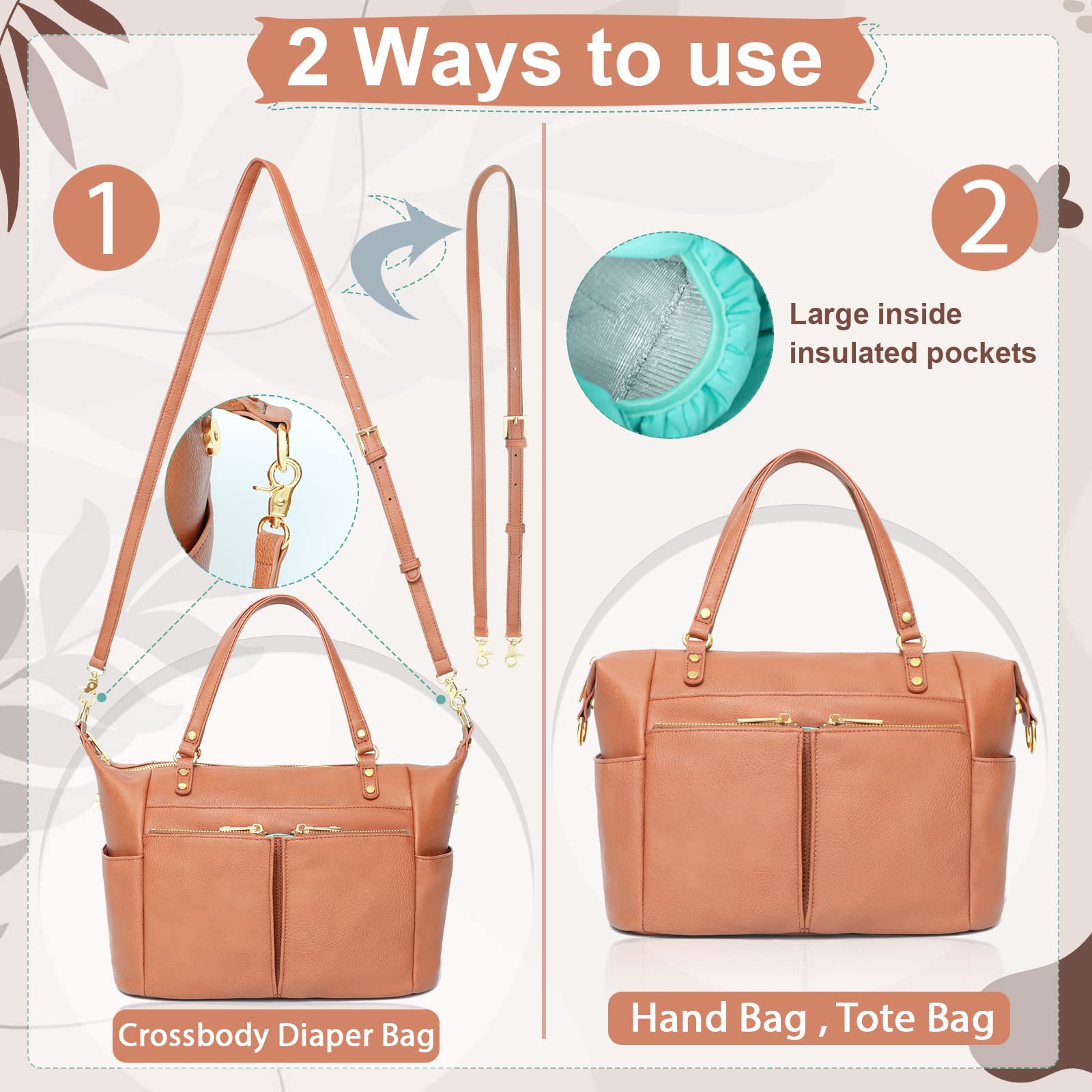 MOMINSIDE Small Diaper Bag, Mini Diaper Tote, Leather Diaper Bag Purse, Crossbody Baby Bag with 13 Pockets, Diaper Clutch for Women Mom, 2 Insulated Pockets(Brown)