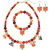 HEIDKRUEGER Thanksgiving Jewelry Sets for Women,Chunky Rhinestone Beaded Necklace Bracelet Autumn Maple Leaves Squirrel Corn Turkey Charm,Maple Leaf Dangle Earrings,Thanksgiving Day Fall Gift