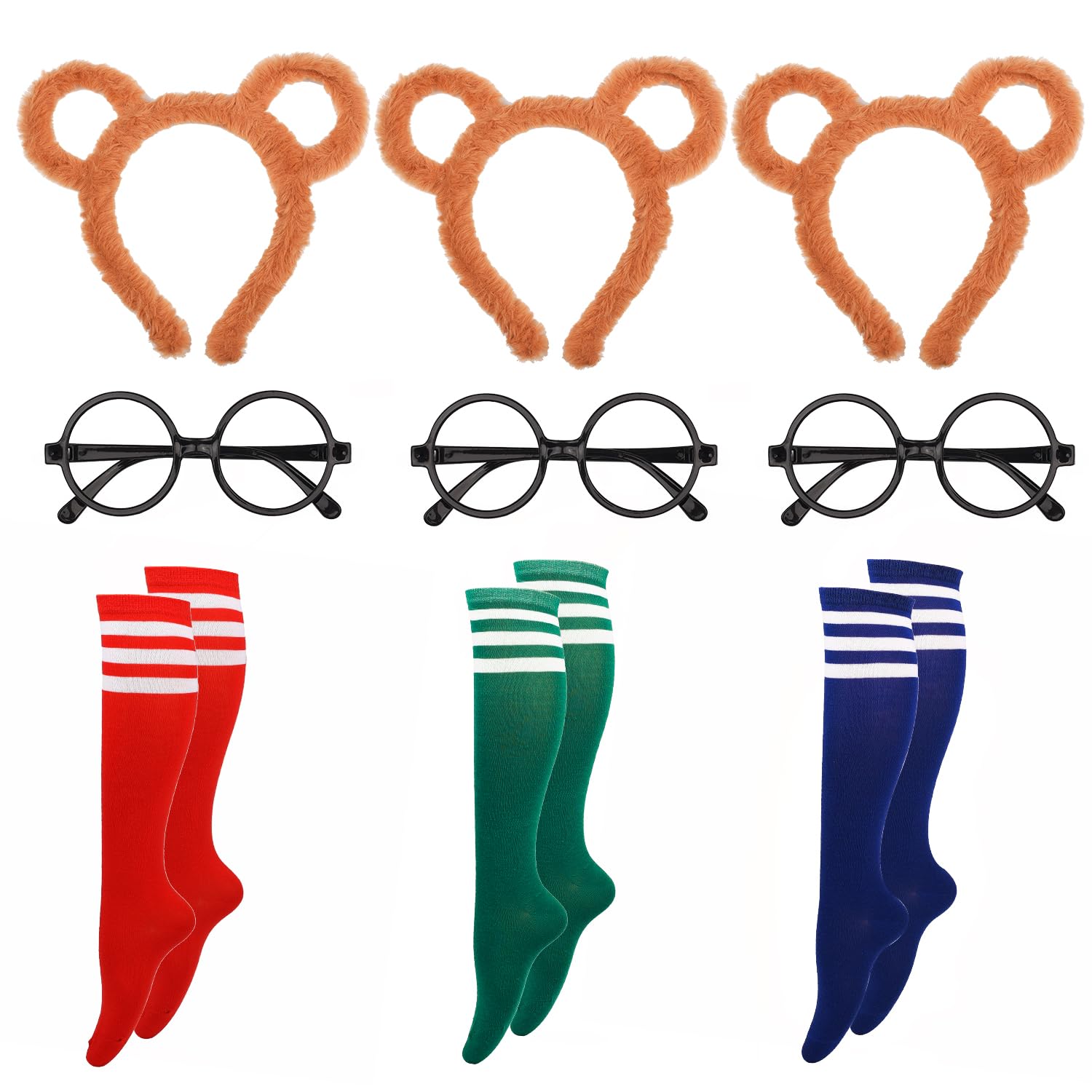 JNAWA 9Pcs Halloween Chipmunk Costume Set Striped Tube Socks Candy-Colored Animal Ears Plush Hairband Round Glasses Frame Party Dress Cosplay Party Animal Costumes