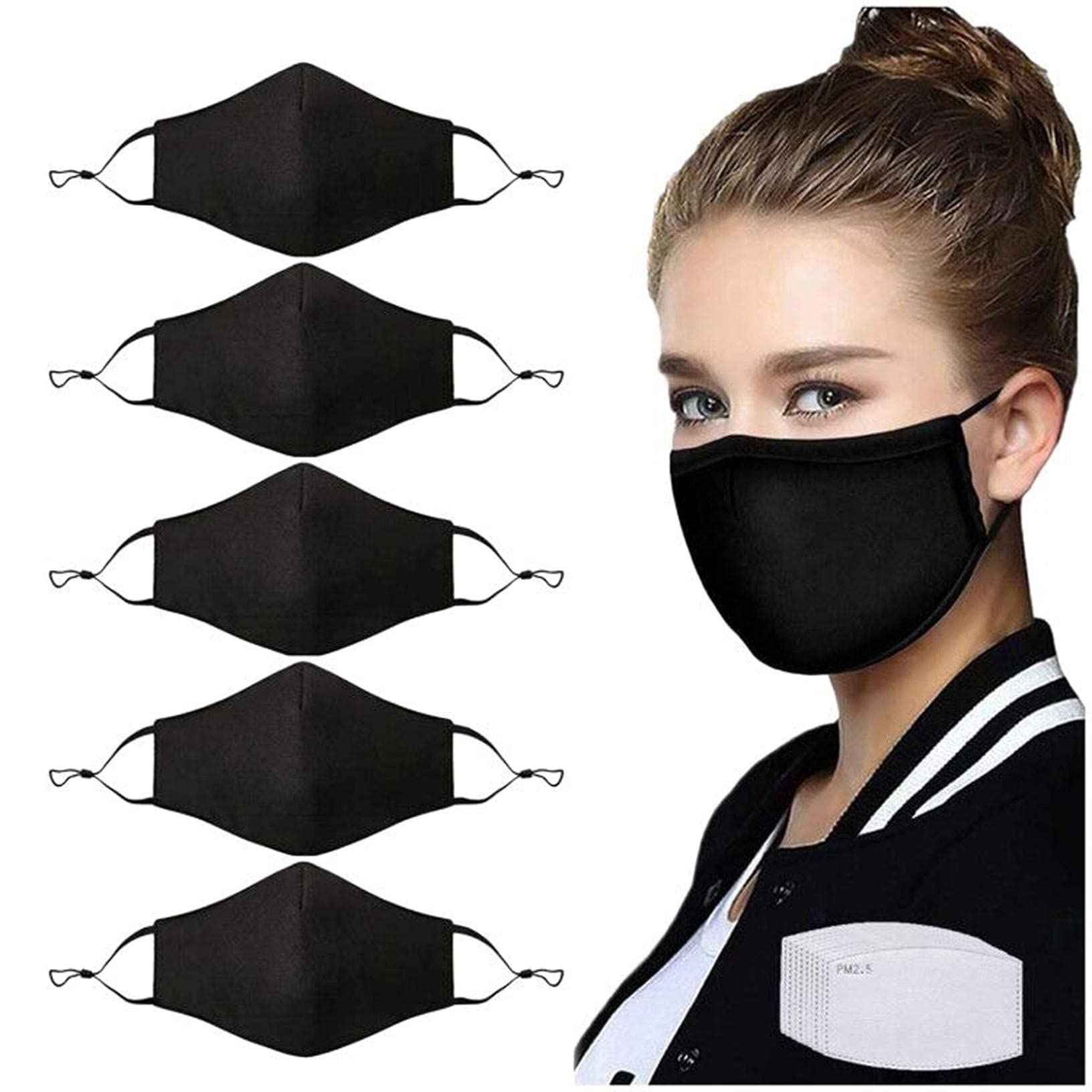 5 Pack Anti-fog Face Protective Shield with Nose Wire for Glasses Wearers,Breathable Cotton Face Guard with 10 Activated Carbon Filters for Adults,Haze Dust Face Covering for Outdoor Holiday Party