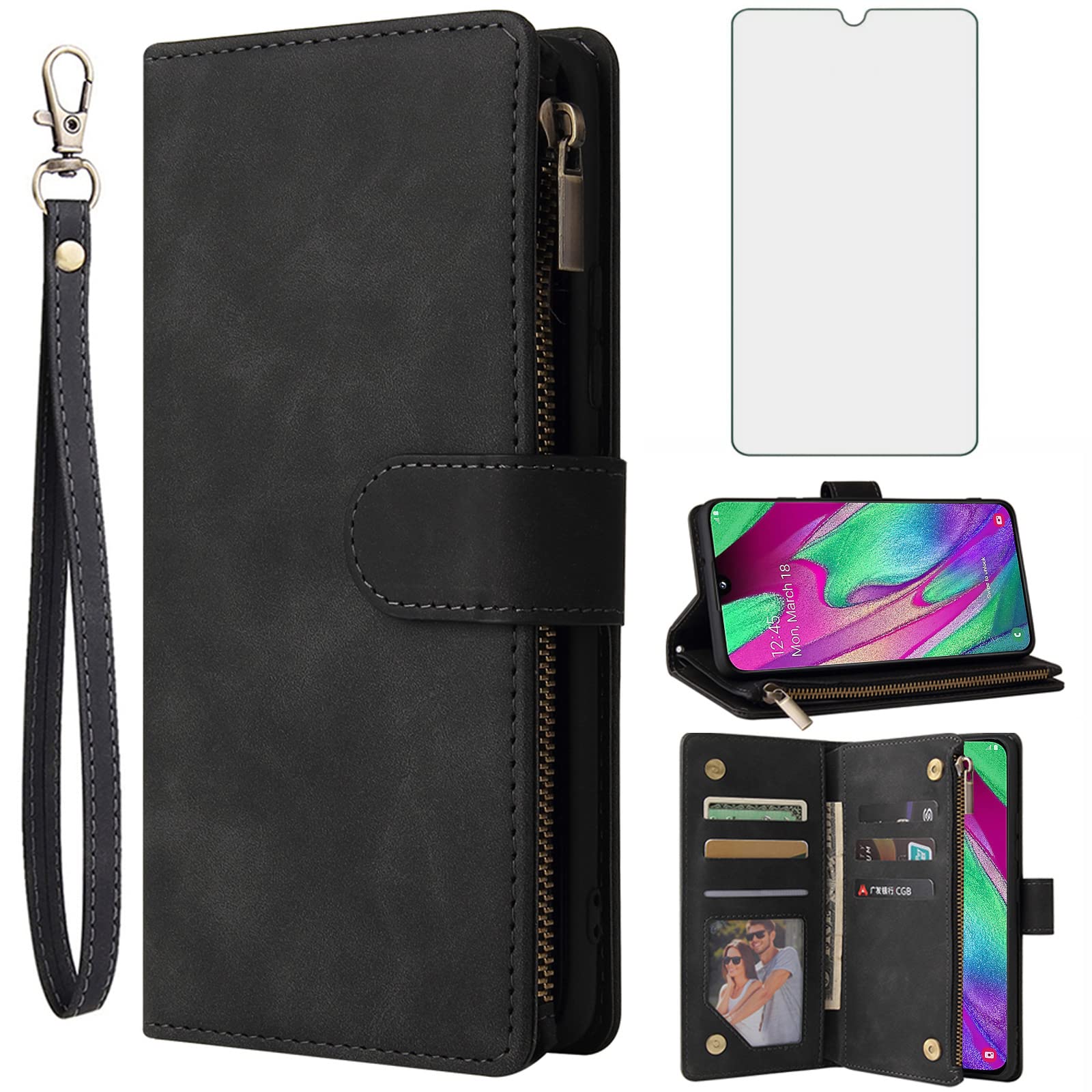 Asuwish Compatible with Samsung Galaxy A40 Wallet Case Tempered Glass Screen Protector and Leather Flip Cover Card Holder Cell Accessories Phone Cases for Glaxay A 40 Gaxaly S40 40A SM Women Men Black