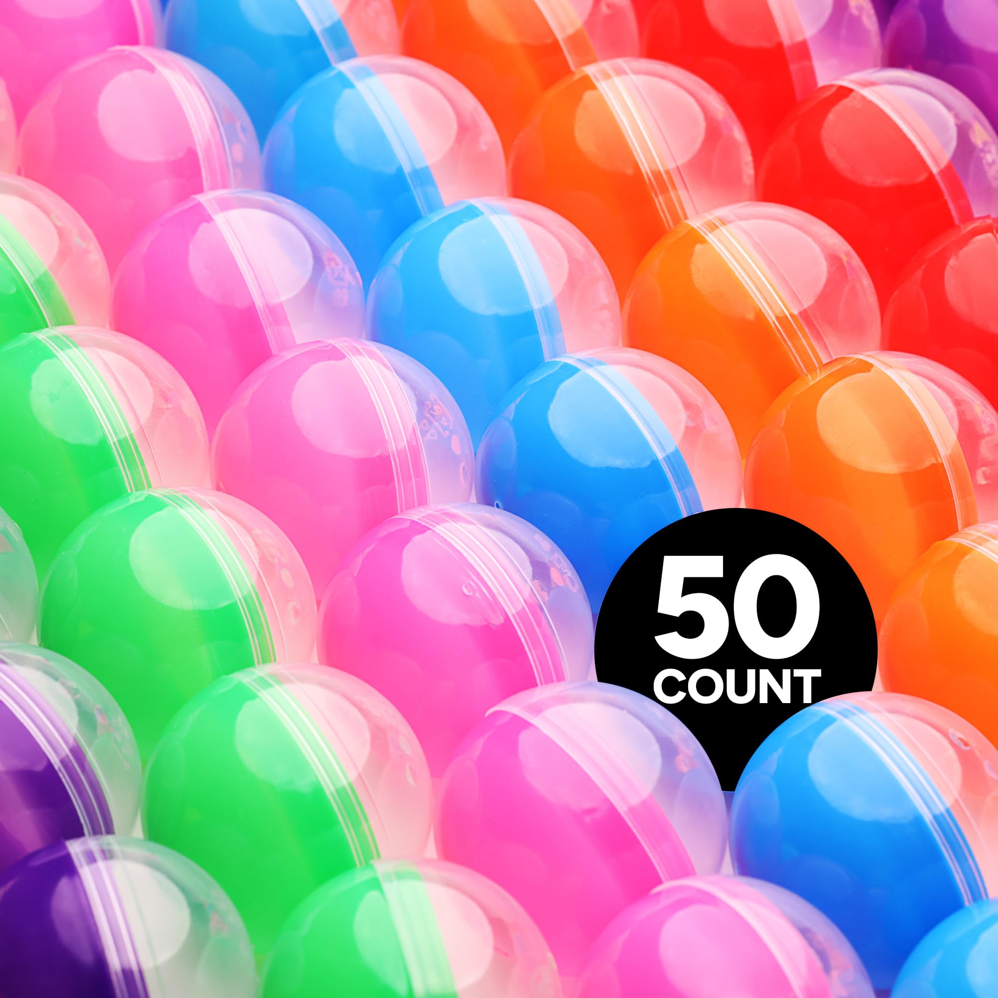 Entervending Empty Clear-Colored Round Capsules 2 inch 50 pcs Bulk 7 Colors Capsule for Toy Gumball Machines Plastic Containers Surprise for Kids Party Favor Prize