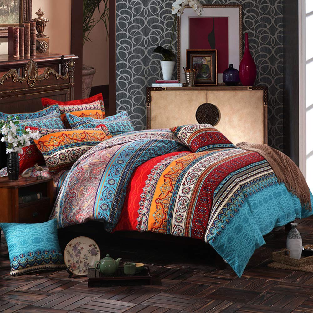 Jingzhang Bohemian Duvet Cover Queen Boho Retro Floral Style Quilt Cover 3Pcs, Colorful Boho Striped Comforter Cover,100% Ultra Microfiber Boho Decor Bedding Set with Zipper Closure and Corner Ties