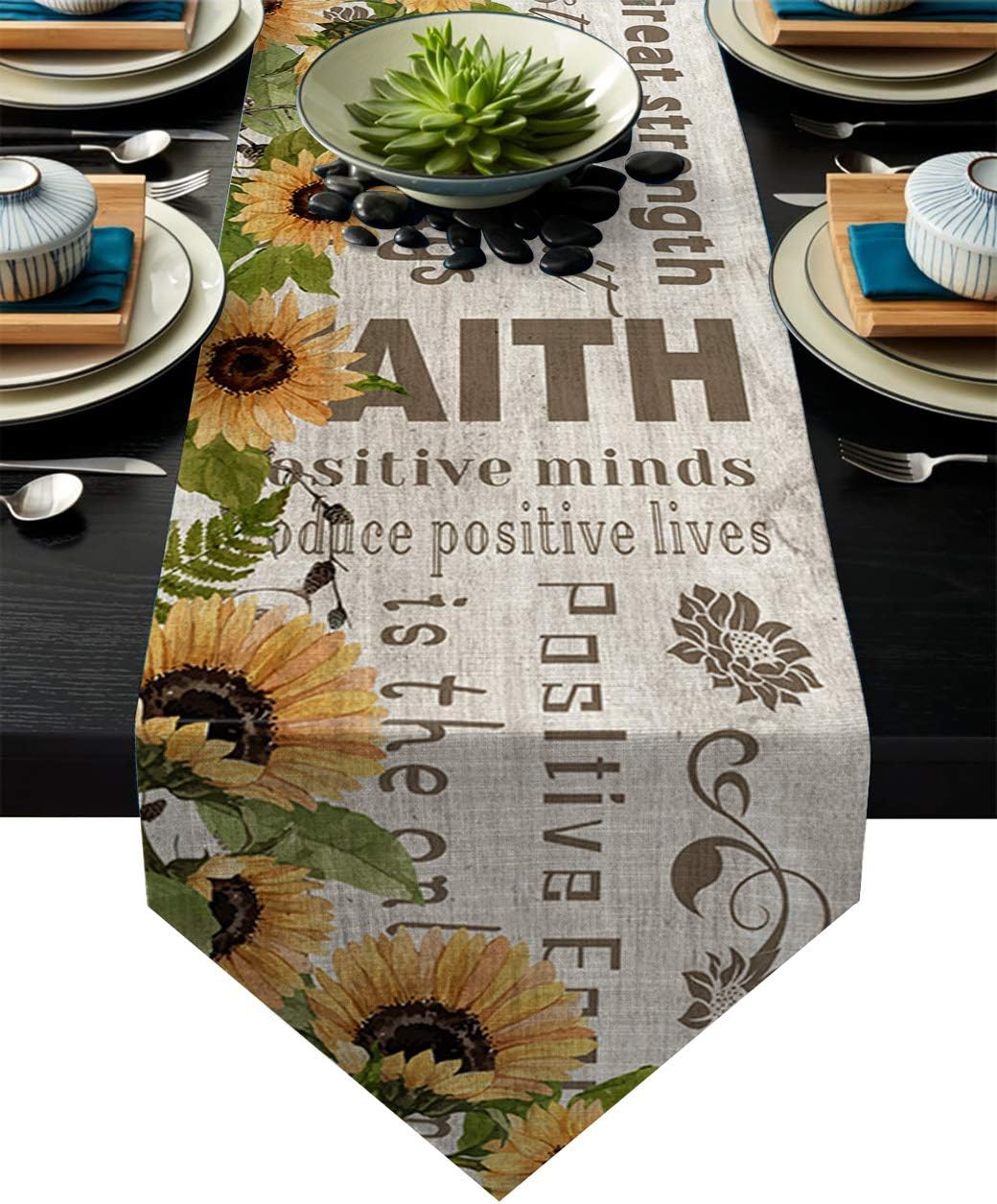 Fandim Fly Table Runner Positive Attitude Quote Inspirational Words Sunflower Background Table Runners for Catering Events, Dinner Parties, Wedding, Indoor and Outdoor Parties, 16 x 72 Inch
