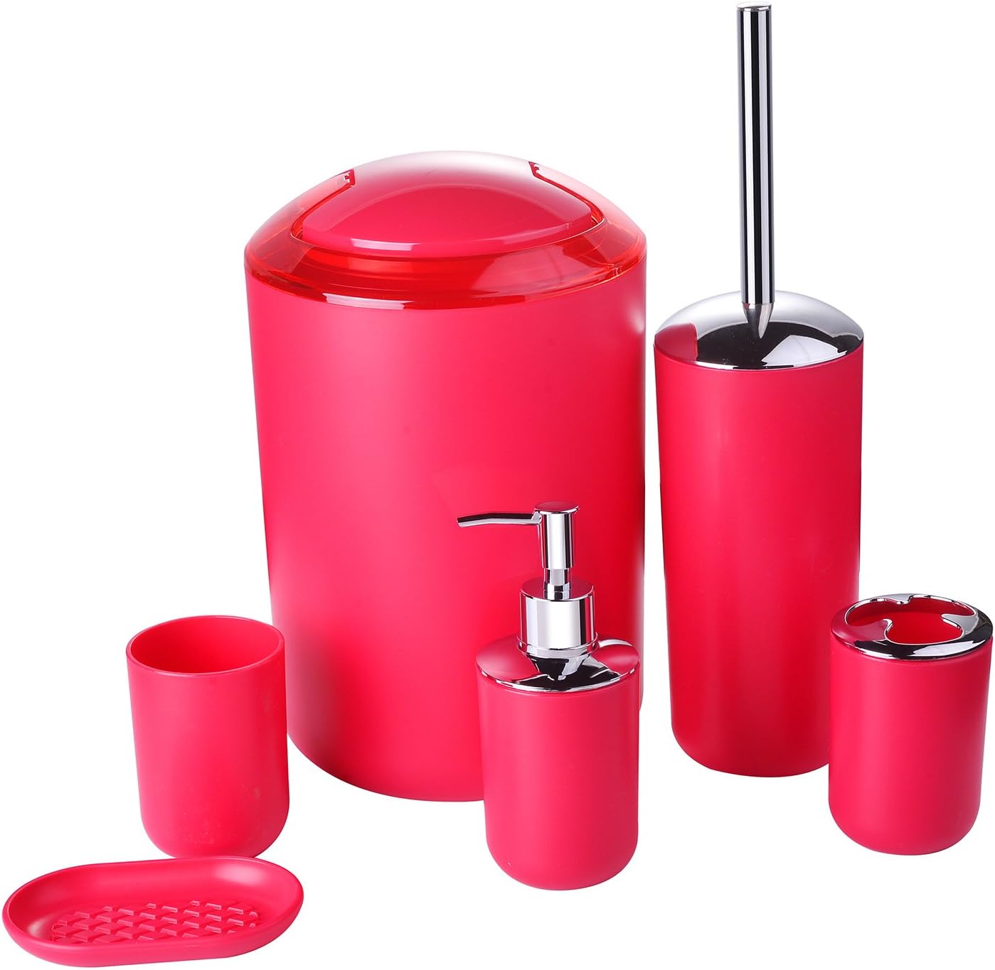 Zuvo 6 Pcs Plastic Bathroom Accessory Set Luxury Bath Accessories Bath Set Lotion Bottles, Toothbrush Holder, Tooth Mug, Soap Dish, Toilet Brush, Trash Can, Rubbish Bin (Black): Home & Kitchen