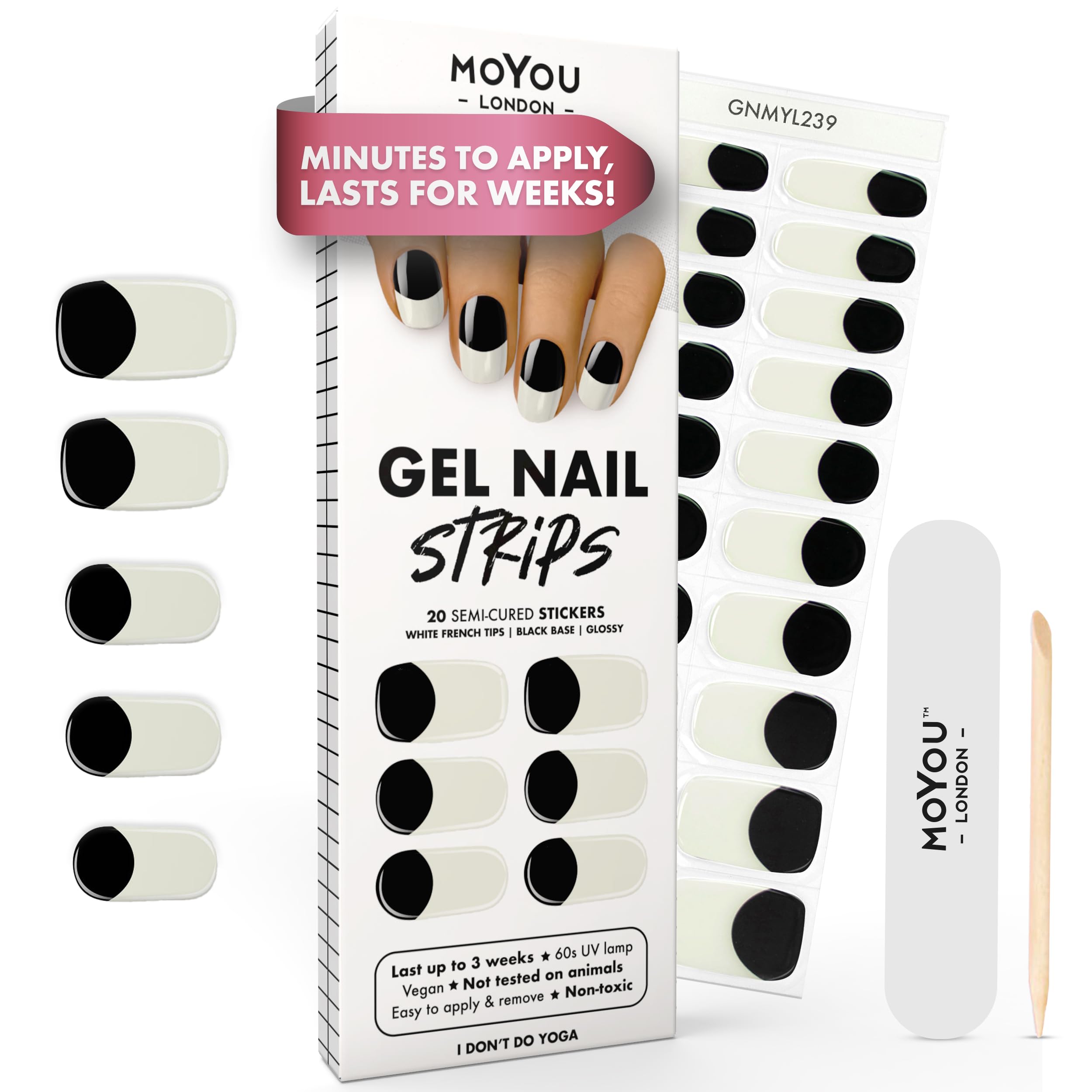 MOYOU LONDON Semi Cured Gel Nail Strips - 20 Pcs. Waterproof Gel Nail Wraps, Cures in Sunlight or UV/LED Lamp, Lasts Up to 2+ Weeks, Stretchable, Easy to Apply & Remove, Vegan & Cruelty-Free