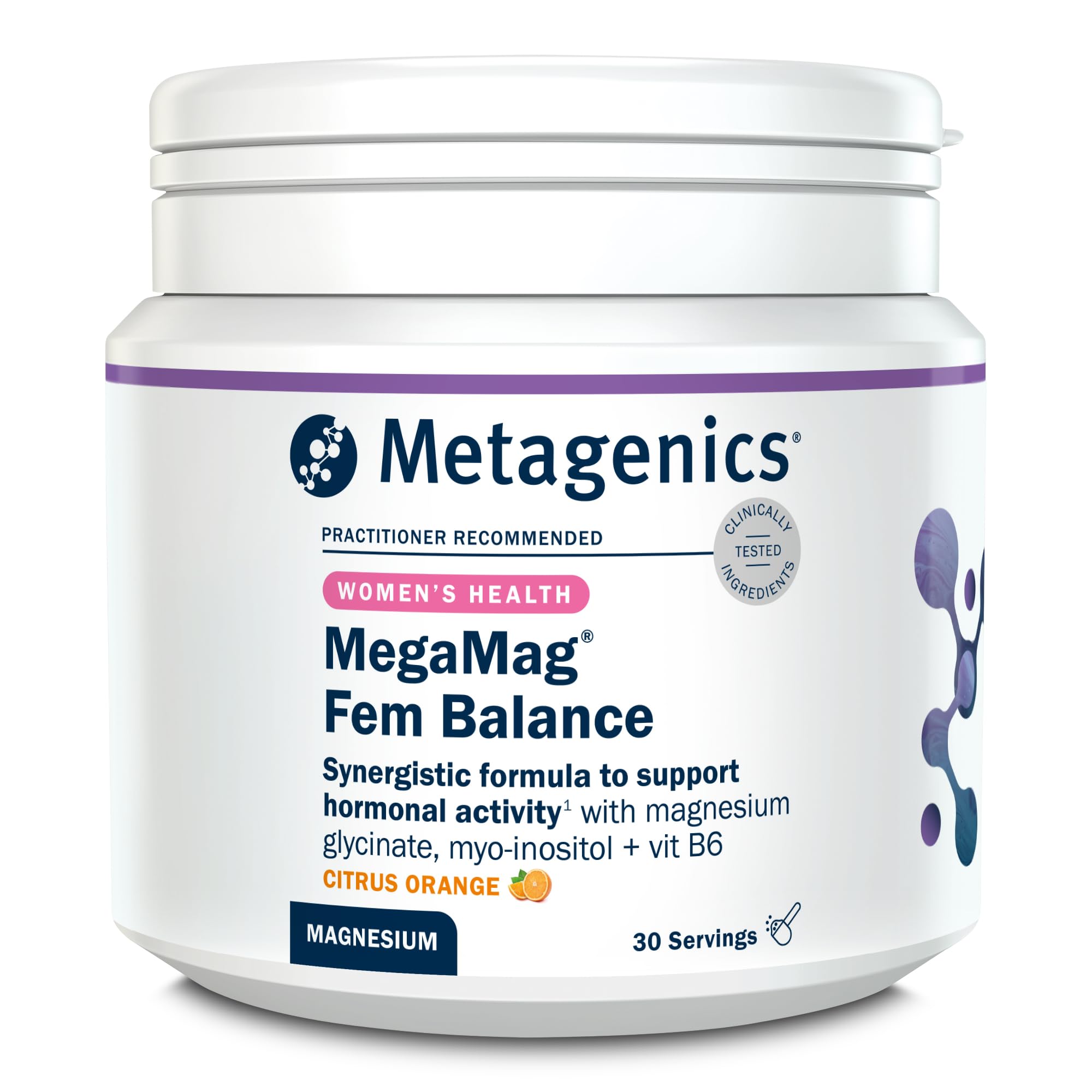 Metagenics MegaMag Fem Balance Magnesium Glycinate Powder - with Vitamin B6, Calcium and Vitamin C - Female Health & Hormone Regulation - Citrus Orange, 30 Servings