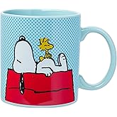Silver Buffalo Peanuts Snoopy and Woodstock on House Blue Dot Background Ceramic Coffee Mug, 20 Ounces
