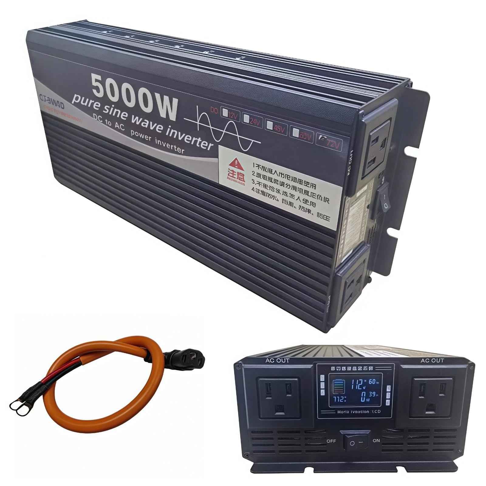 Photo 1 of 5000W Power Inverter 72V DC to 110V AC Converter with LED Display Dual AC Outlets Dual Fans Radiating for RV, Camp, Boat and Home Emergency Portable Pure Sine Wave Inverter (Smart Screen, 5000W 72V)