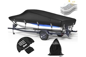 NUKUGULA 5-ply 1200D Boat Cover with Storage Bag & Widened Straps for Trailering & Mooring Fits 14-16ft Bass Boat, V-Hull, Tri-Hull Runabout Pro-Style Fishing Boat - Waterproof Anti-uv and Breathable