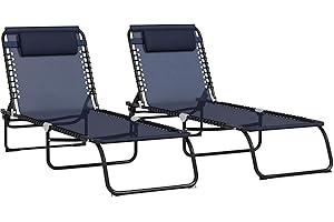 Outsunny 2 Pieces Folding Lounge Chairs, 4-Level Adjustable Chaise Lounges with Headrest, Tanning Chair Beach Beds, Reclining
