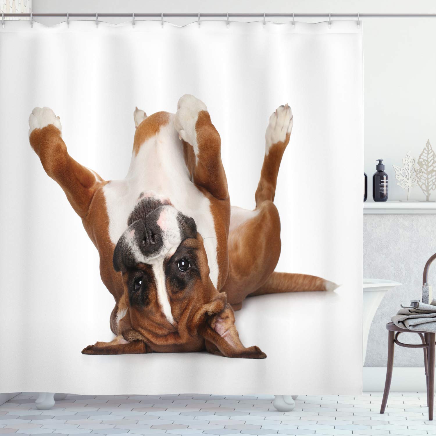 ABAKUHAUS Boxer Dog Shower Curtain, Funny Playful Puppy Lying on His Back Resting His Paws, Cloth Fabric Bathroom Decor Set with Hooks, 78 Inches, Pale Caramel Dark Brown — image 1