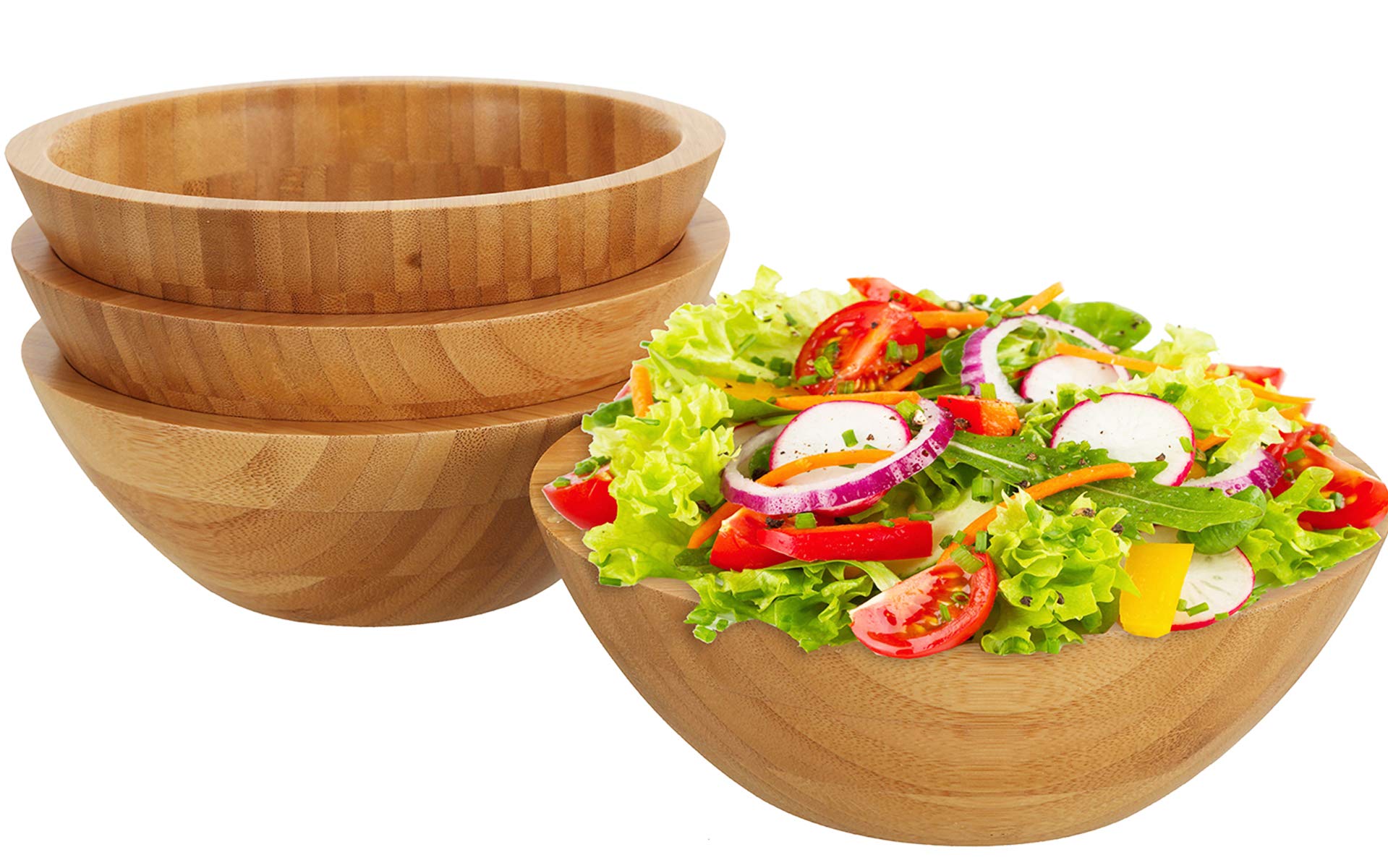 Photo 1 of Lawei Set of 4 Bamboo Salad Bowls - 7 x 2.25 Inch Wood Serving Bowls Individual Meal Bowls Fruits, Salad, Pasta, Cereal, Rice and Snacks