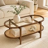 NAFORT Rattan Coffee Table, 2-Tier Oval Modern Center Table with Tempered Glass Top, Acacia Wood Frame &amp; PE Woven Shelf for Living Room, Brown, 40 Inch